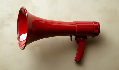 Striking bright red bullhorn displayed on a subtle muted tan surface for bold communication imagery