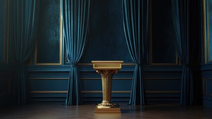 Fototapeta premium Golden podium stands before royal blue curtains and panelled walls