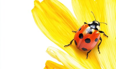Obraz premium A vibrant ladybug perched on a bright yellow flower petal, showcasing nature's beauty