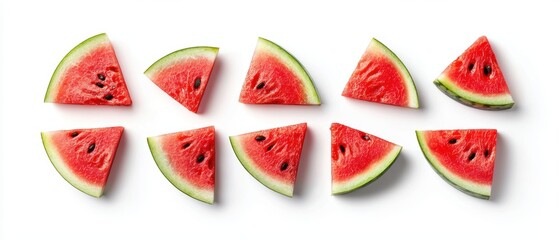 Fresh watermelon slices arranged neatly on a white background, showcasing vibrant red flesh and green rind.