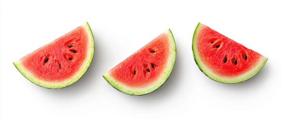 Three fresh watermelon slices, showcasing vibrant red flesh and green rind, arranged neatly against a clean white background.
