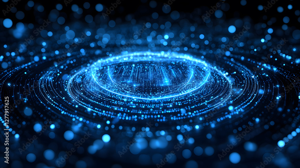 Poster Glowing blue particles create a mesmerizing swirling pattern in dark space