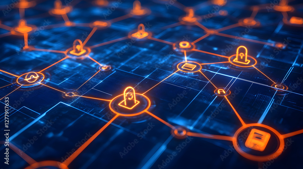 Poster Digital network with interconnected nodes and security icons on a blue background