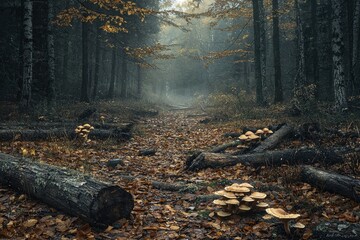 Obraz premium Mystical autumn woodland path with golden leaves, mushrooms, and logs, creating a serene and enchanting natural scenery, perfect for a peaceful journey.
