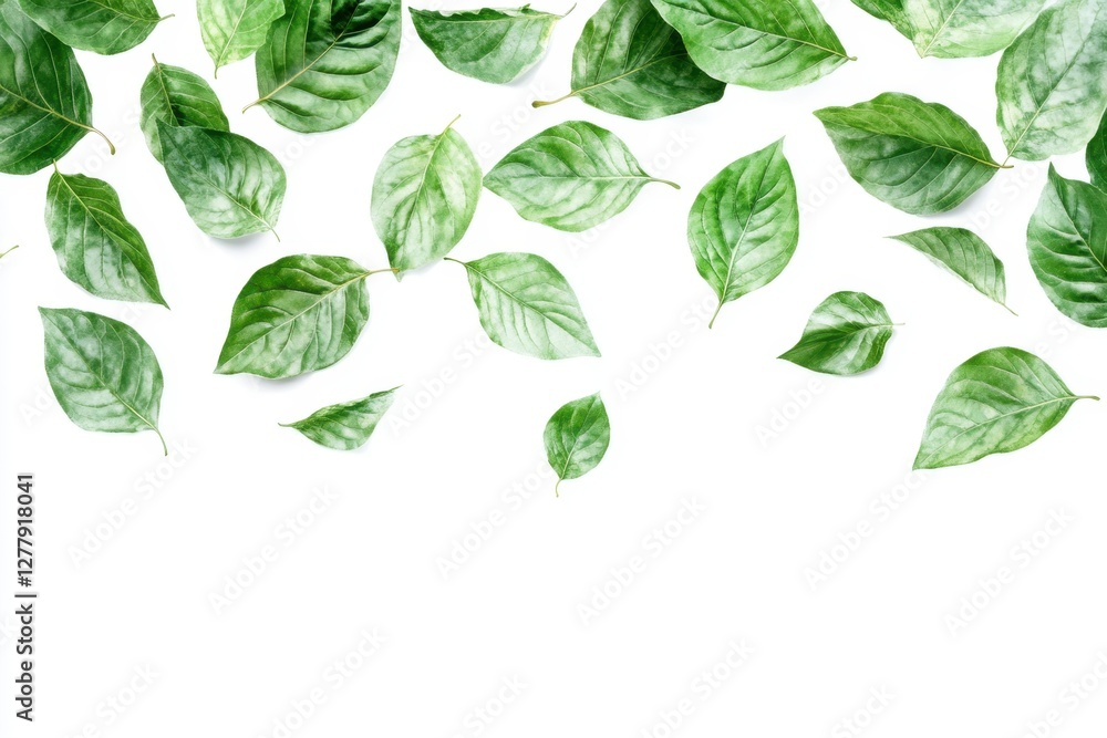 Aufkleber fresh green leaves elegantly scattered on a clean white background creating a natural and vibrant bo