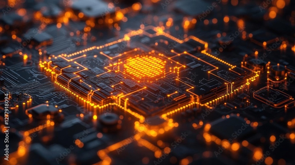 Poster illuminated orange circuit board detail technology computing engineering design close up