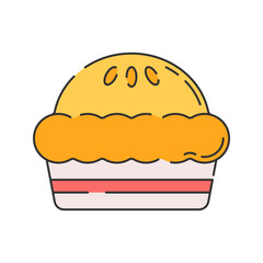 Pie, Flat Design. A golden-brown pie with a puffy crust, perfect for dessert menus, bakery promotions, or homemade food illustrations.