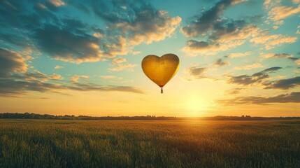Fototapeta premium Heart-Shaped Hot Air Balloon at Sunrise over a Field