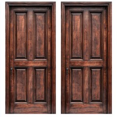 Two wooden doors with a rich brown finish, featuring classic panel designs, set against a neutral background.