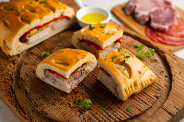 Spanish Hornazo. Traditional Spanish pie filled with Iberian pork loin and other ingredients such as sausages or vegetables.
