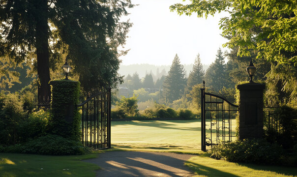 Elegant property featuring a bold gate and expansive greenery, delivering timeless luxury and outdoor serenity