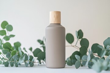 Minimalistic bottle design surrounded by lush green leaves creat