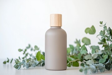 Minimalistic bottle with wooden cap surrounded by fresh greenery