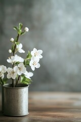 Delicate white flowers in rustic metal pot against textured back