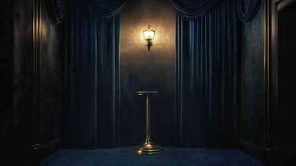 Fototapeta premium Illuminated pedestal stands before dark blue curtains on a stage