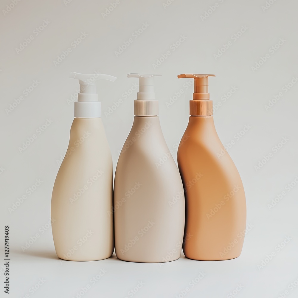 Poster minimalistic display of three elegant lotion bottles in calming