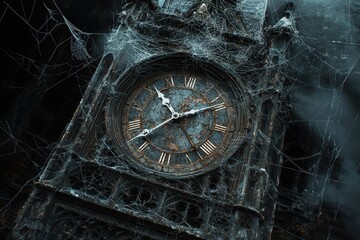 A weathered clock tower stands shrouded in webs, its aged face a testament to time's passage, amidst a chilling atmosphere enhanced by subtle gothic designs and spooky aesthetics.