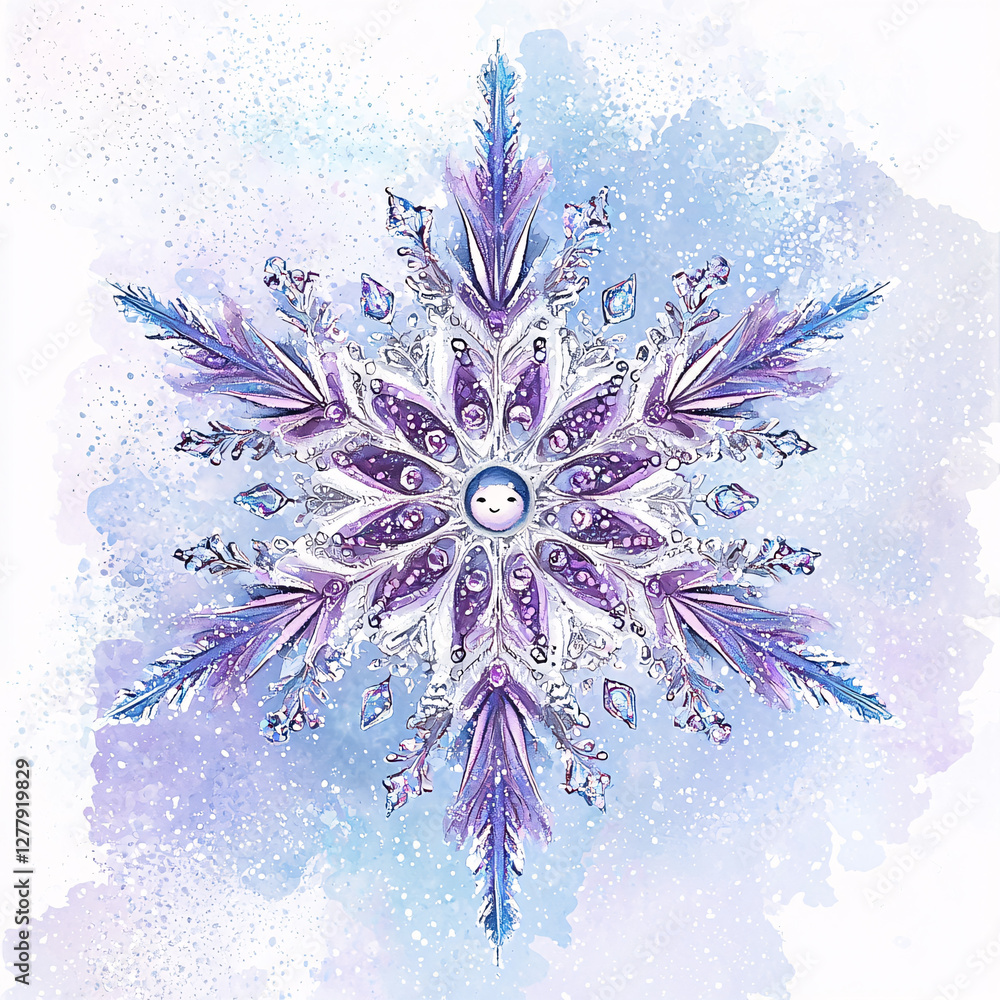 Poster intricate snowflake design with a soft blue and purple gradient background.