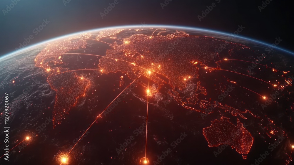 Poster earth illuminated at night displaying global interconnected network