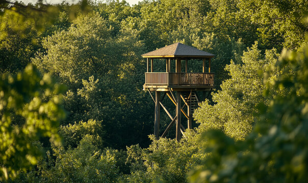 Captivating birdwatching adventure from a forest observation tower showcasing vibrant nature and serene wildlife encounters