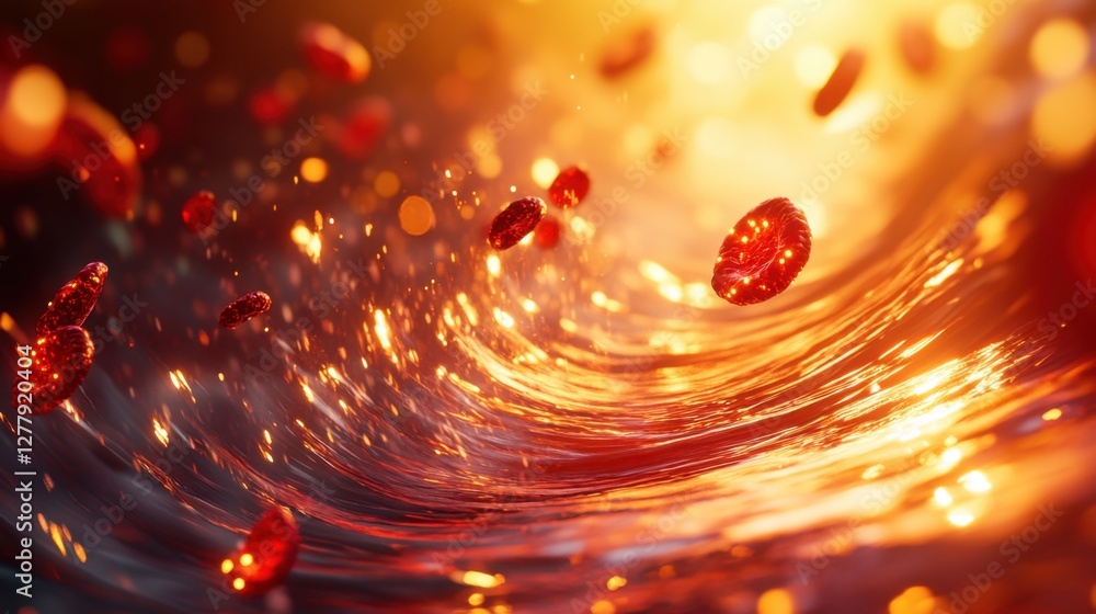 Poster dynamic 3d red blood cells in a flowing stream, illuminated with glowing light effects to emphasize 