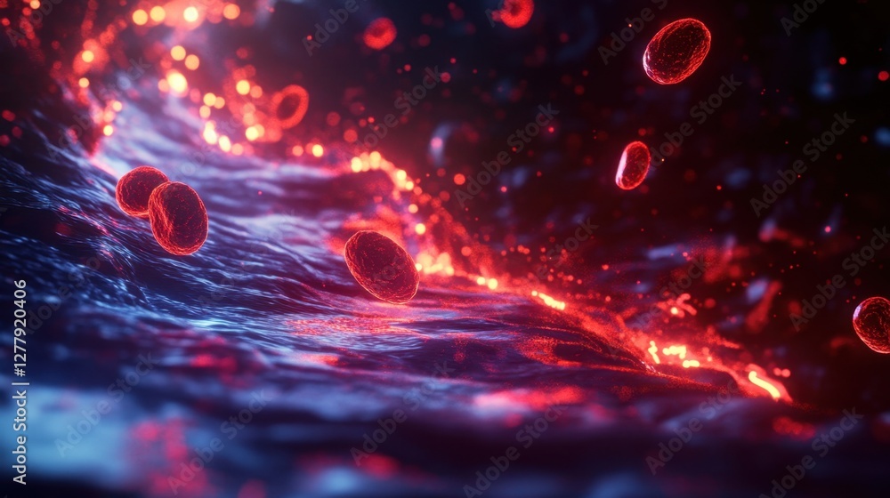 Aufkleber dynamic 3d red blood cells in a flowing stream, illuminated with glowing light effects to emphasize 