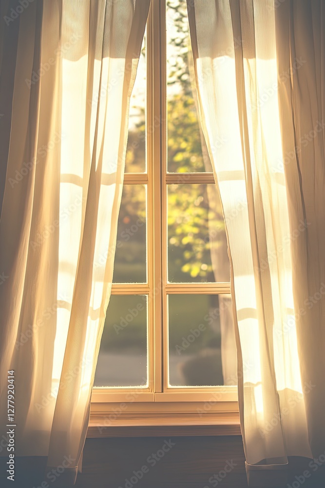 Poster sunlit window framed by soft curtains, creating warm, inviting a