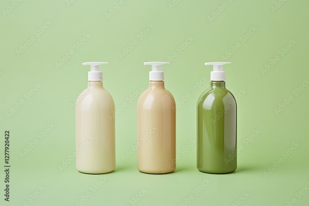 Poster minimalistic display of three stylish bottles, showcasing soft p
