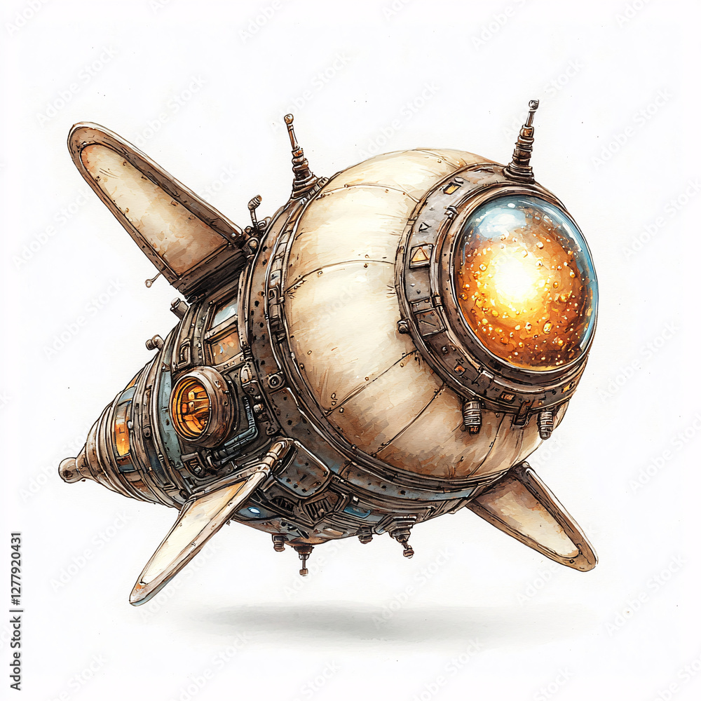 Poster futuristic rocket with a glowing engine and intricate design.