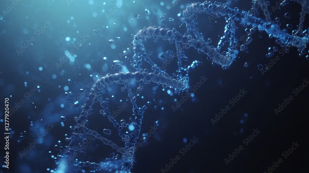 Poster dynamic 3d rendering of a dna strand surrounded by floating molecular symbols and particles, highlig