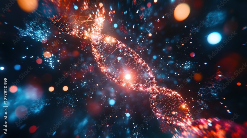 Poster dynamic 3d rendering of a dna strand surrounded by floating molecular symbols and particles, highlig