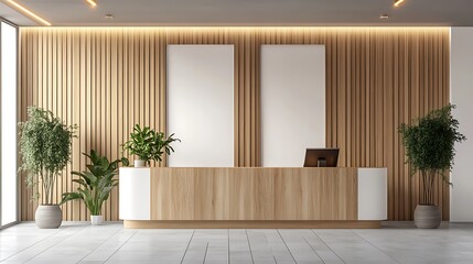 Modern Minimalist Reception Area Design:  Light Wood, Clean Lines, and Tranquil Atmosphere