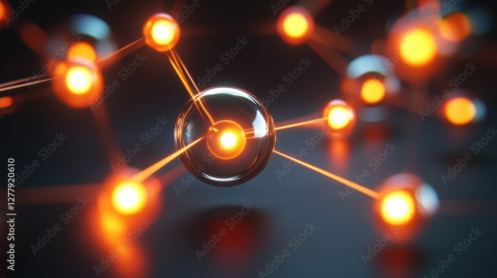 Poster dynamic visualization of an atom chain with glowing connections, symbolizing cutting-edge biotechnol