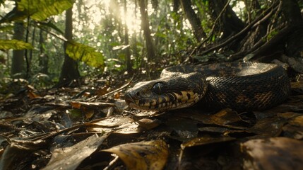 Naklejka premium Camouflaged snake rests upon foliage covered jungle floor calmly