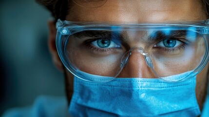 Close Up Portrait of Man With Blue Eyes Wearing Protective Eyewear and Face Mask
