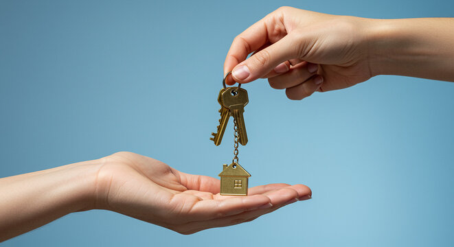Keys with house keychain in hand exchange on blue background. House keys in hand for real estate or new home concept