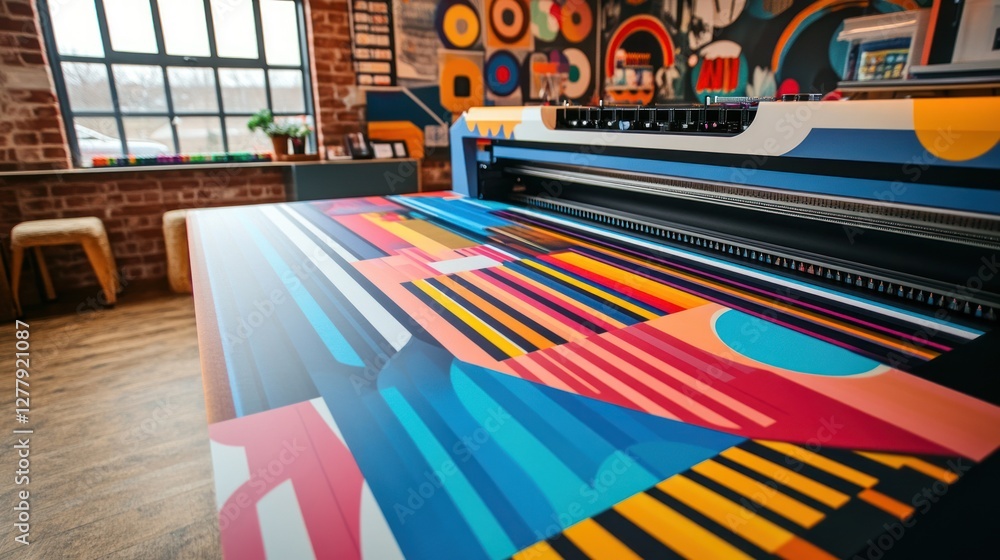 Poster large format printer working on colorful abstract print job