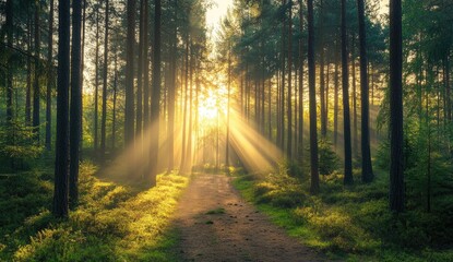 Fototapeta premium Sunrise rays illuminating forest path