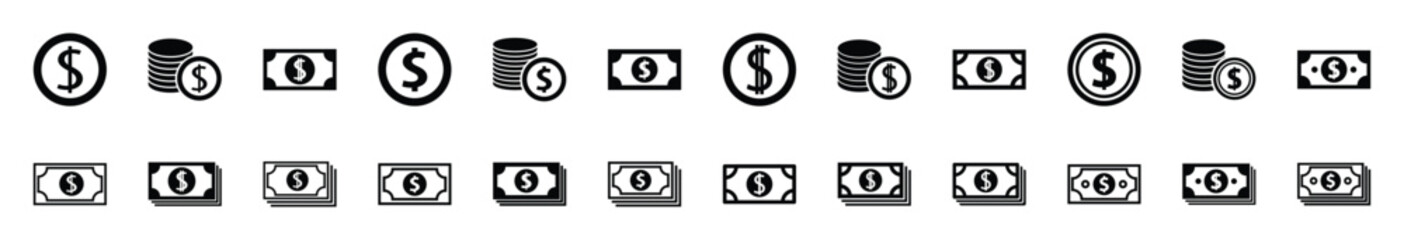 Set of money icon symbol vector on white background.