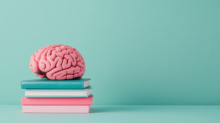 Teaching technology of education. A pink brain model on stacked books against a teal background.
