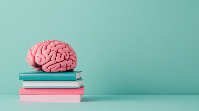Teaching technology of education. A pink brain model on stacked books against a teal background.
