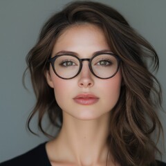 Obraz premium Captivating portrait of a confident young woman with glasses exuding grace and poise in a minimalist setting
