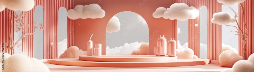 Aufkleber dreamy peach colored product display with clouds and architecture