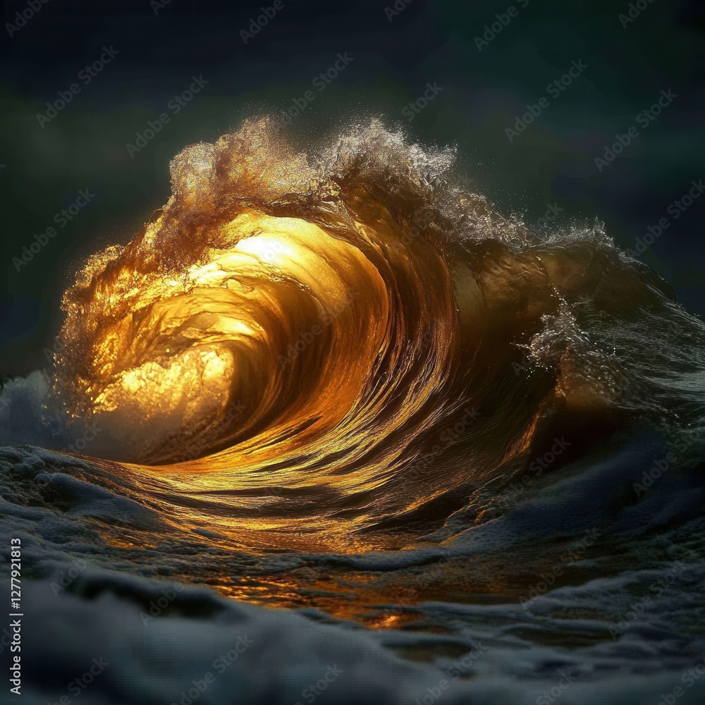 Poster golden wave illuminated by sunlight creating a mesmerizing and powerful ocean scene with a dark back