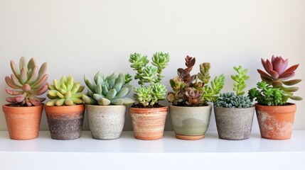 Fototapeta premium Succulents in terracotta pots on shelf, indoor plants, home decor, gardening