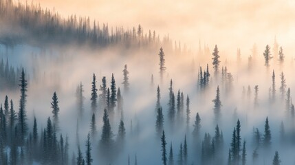 Obraz premium Fog envelops evergreen trees in a peaceful mountain landscape