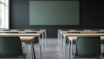 Teaching technology of education. Empty classroom with desks and a chalkboard in focus.