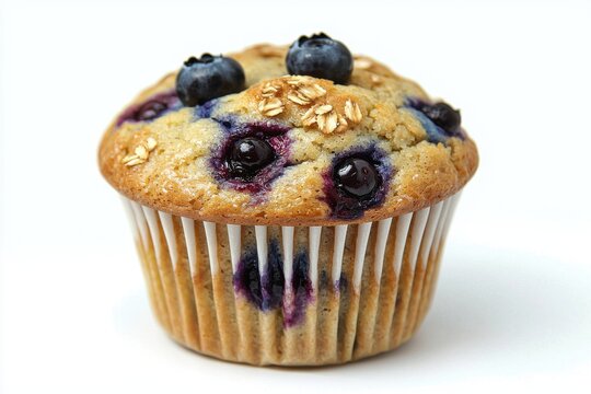A close-up of a freshly baked blueberry muffin, adorned with plump blueberries and oats, on a clean white background, perfect for a delightful snack or dessert item.