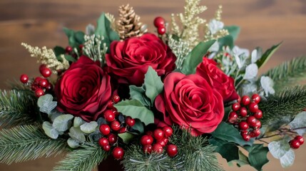 Red roses, berries, pine, and eucalyptus in a festive arrangement.