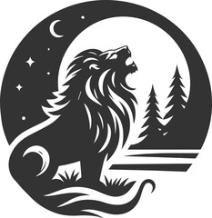 Silhouette of a lion howling at the moon in sorrow